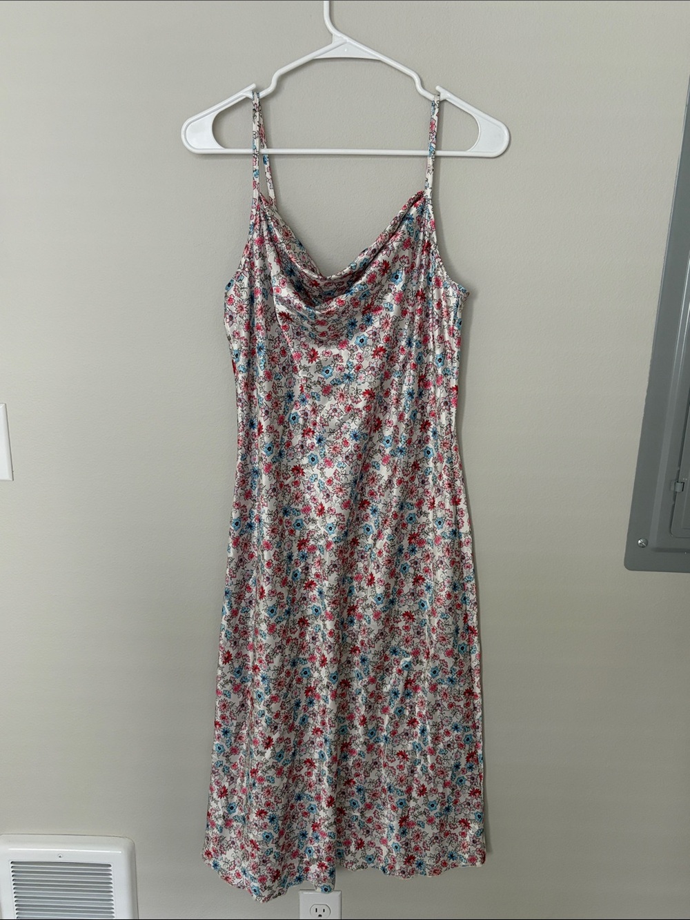 bebe Floral Satin Cowl Midi Dress in Cream with Red & Blue Flowers